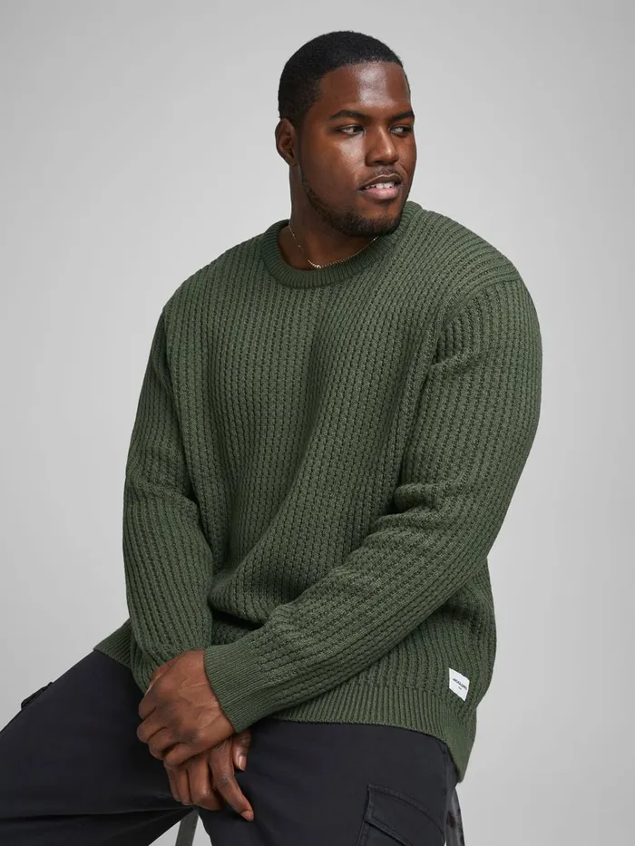 Knitwear JACK and JONES Mens TEXTURED PLUS SIZE PULLOVER Green Forest Night Popular