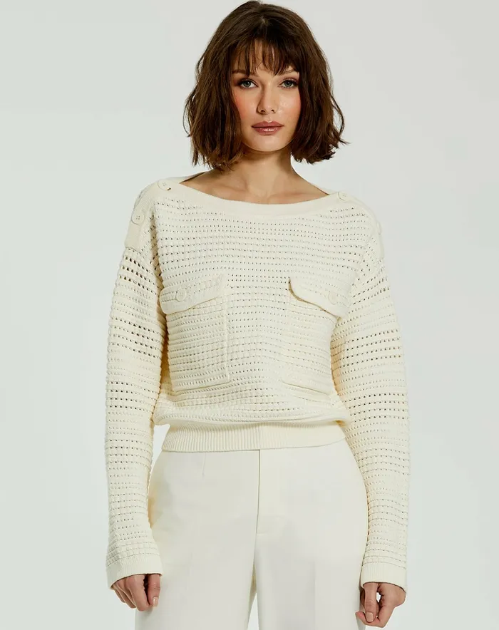 Knitwear Long Sleeve Crochet Knit Crew Neck Sweater With Pockets 8211 FINAL SALE Cream 8211 Mac Duggal Women Knitwear Long Sleeve Crochet Knit Crew Neck Sweater With Pockets 8211 FINAL SALE Cream 8211 Mac Duggal Women
