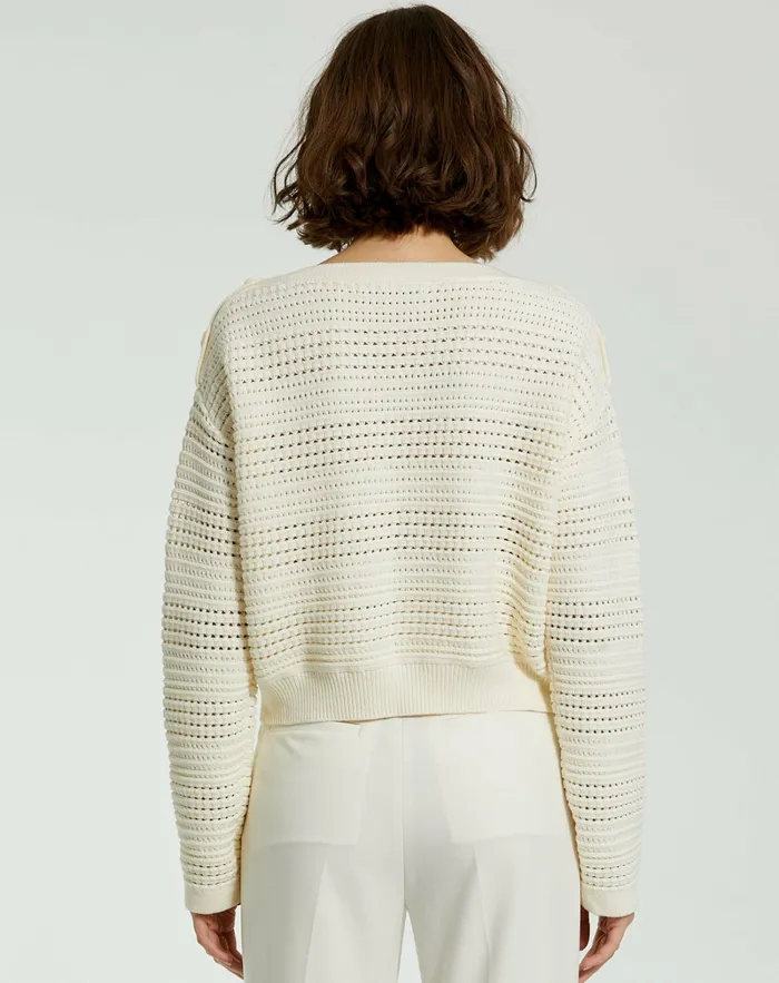 Knitwear Long Sleeve Crochet Knit Crew Neck Sweater With Pockets 8211 FINAL SALE Cream 8211 Mac Duggal Women