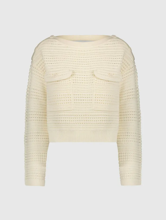 Knitwear Long Sleeve Crochet Knit Crew Neck Sweater With Pockets 8211 FINAL SALE Cream 8211 Mac Duggal Women
