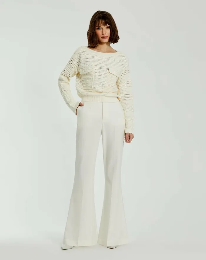 Knitwear Long Sleeve Crochet Knit Crew Neck Sweater With Pockets 8211 FINAL SALE Cream 8211 Mac Duggal Women
