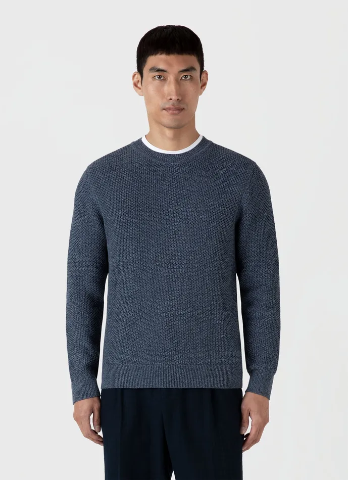 Knitwear Men ussunspel Honeycomb Cotton Crew Neck Jumper Indigo Knitwear Men ussunspel Honeycomb Cotton Crew Neck Jumper Indigo