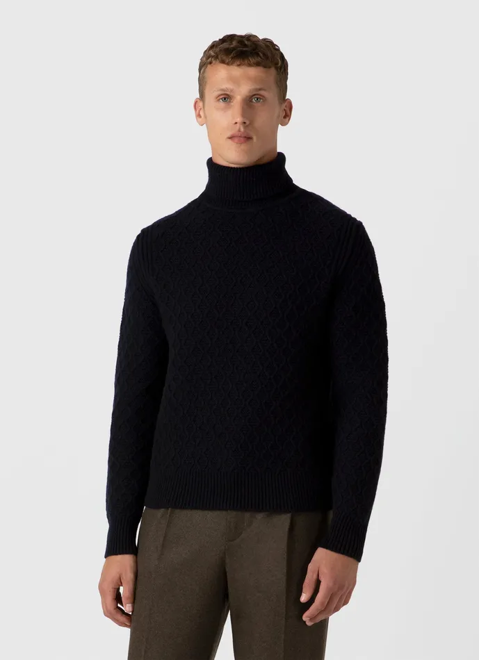 Knitwear Sunspel x WM Brown Aran Roll Neck Dark Navy Mouline 8211 ussunspel Men Knitwear Sunspel x WM Brown Aran Roll Neck Dark Navy Mouline 8211 ussunspel Men