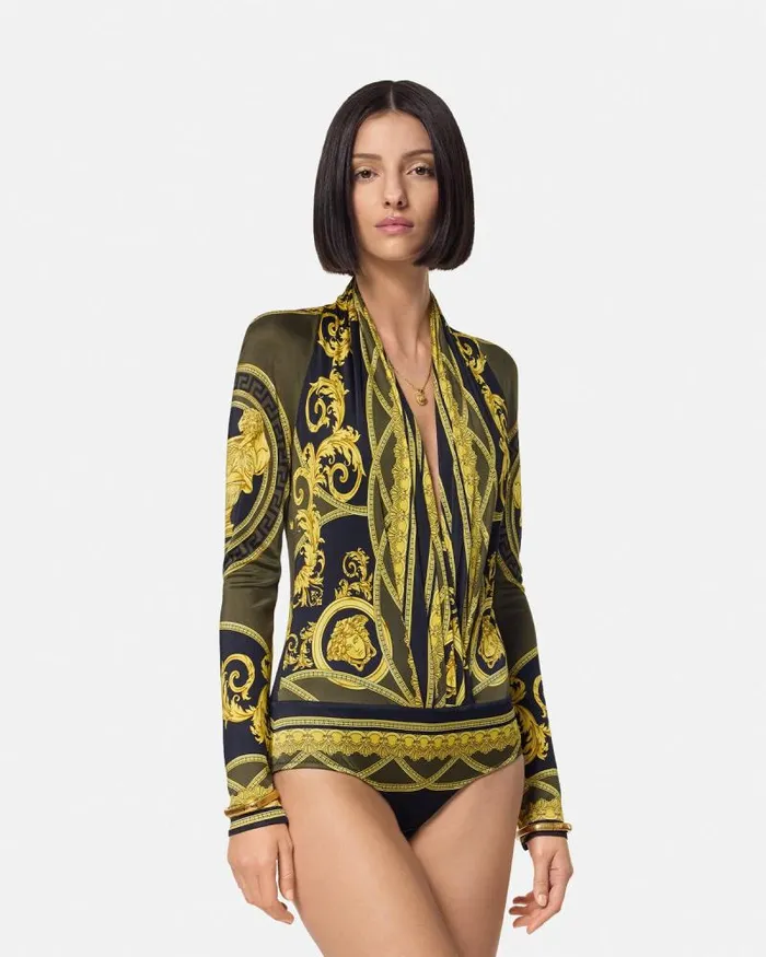 La Coupe Des Dieux Draped Bodysuit Blackprint Women Versace Shirts and Tops
