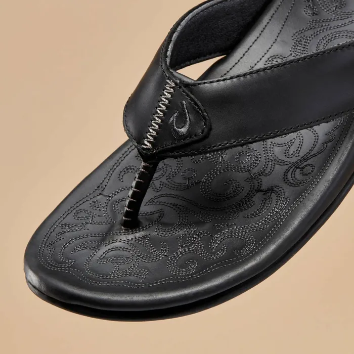 Leather Men Olukai Mekila FullGrain Leather Beach Sandals 8211 Black