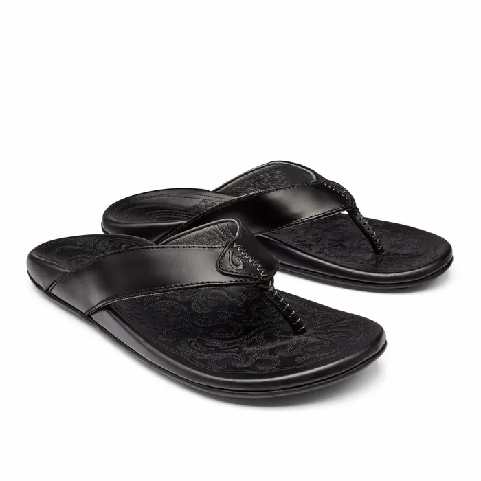 Leather Men Olukai Mekila FullGrain Leather Beach Sandals 8211 Black