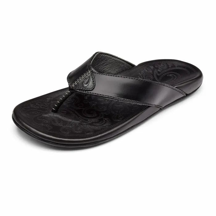 Leather Men Olukai Mekila FullGrain Leather Beach Sandals 8211 Black