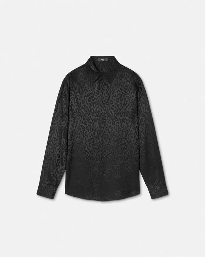 Leopard Jacquard Satin Shirt Black Men Versace Shirts