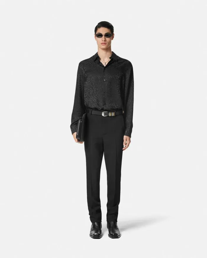 Leopard Jacquard Satin Shirt Black Men Versace Shirts