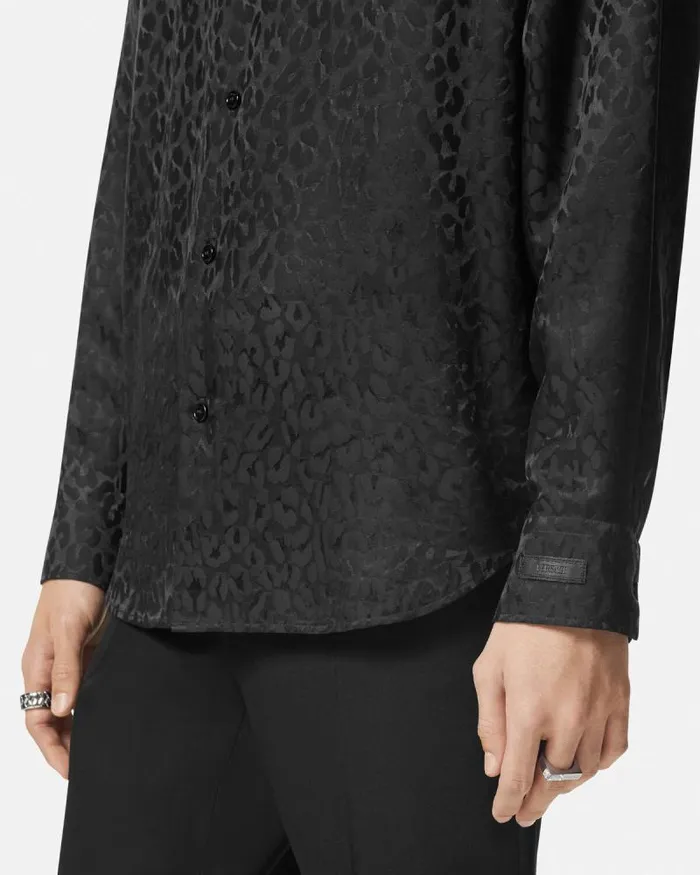 Leopard Jacquard Satin Shirt Black Men Versace Shirts