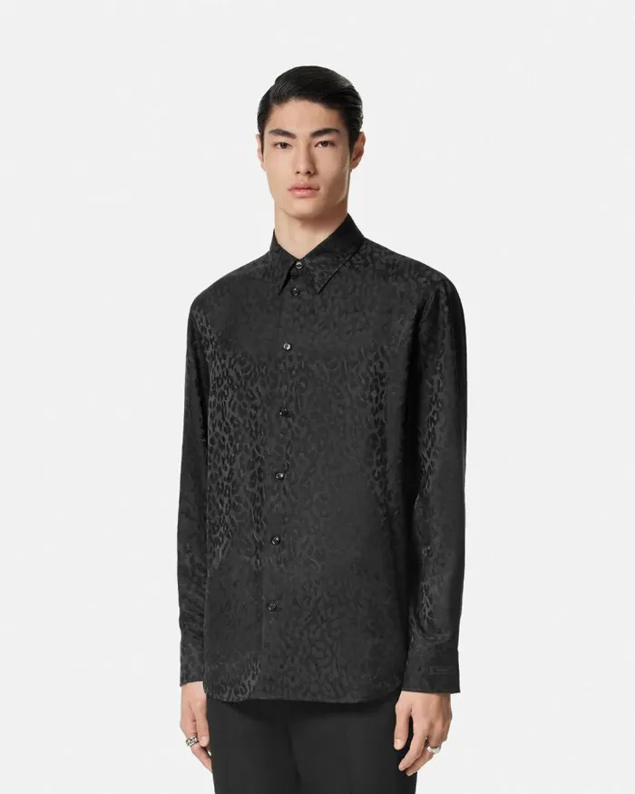 Leopard Jacquard Satin Shirt Black Men Versace Shirts