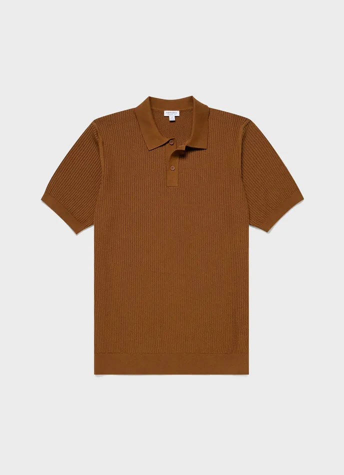 Linear Mesh Knit Polo Shirt Golden Brown Polo Shirts ussunspel Men