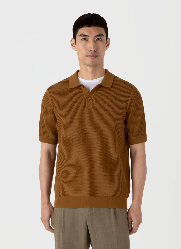Linear Mesh Knit Polo Shirt Golden Brown Polo Shirts ussunspel Men Linear Mesh Knit Polo Shirt Golden Brown Polo Shirts ussunspel Men