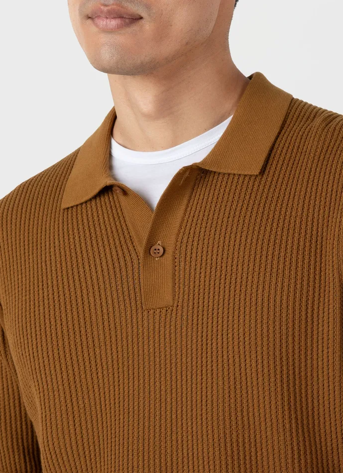 Linear Mesh Knit Polo Shirt Golden Brown Polo Shirts ussunspel Men Linear Mesh Knit Polo Shirt Golden Brown Polo Shirts ussunspel Men