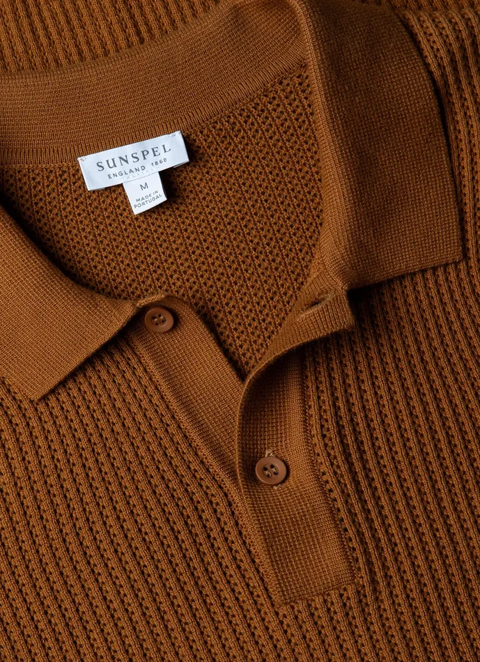 Linear Mesh Knit Polo Shirt Golden Brown Polo Shirts ussunspel Men Linear Mesh Knit Polo Shirt Golden Brown Polo Shirts ussunspel Men