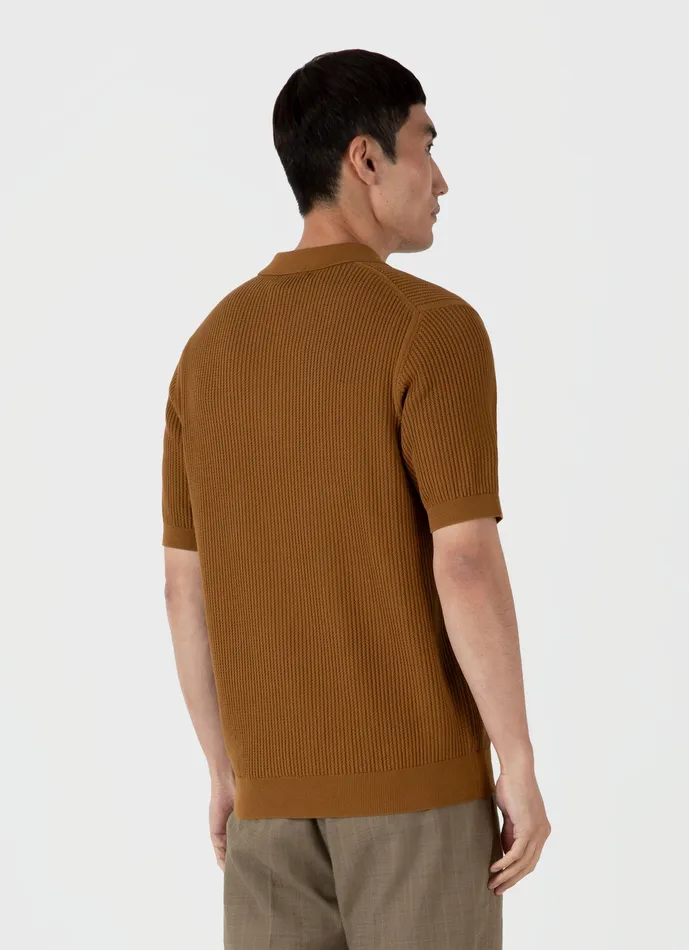 Linear Mesh Knit Polo Shirt Golden Brown Polo Shirts ussunspel Men Linear Mesh Knit Polo Shirt Golden Brown Polo Shirts ussunspel Men