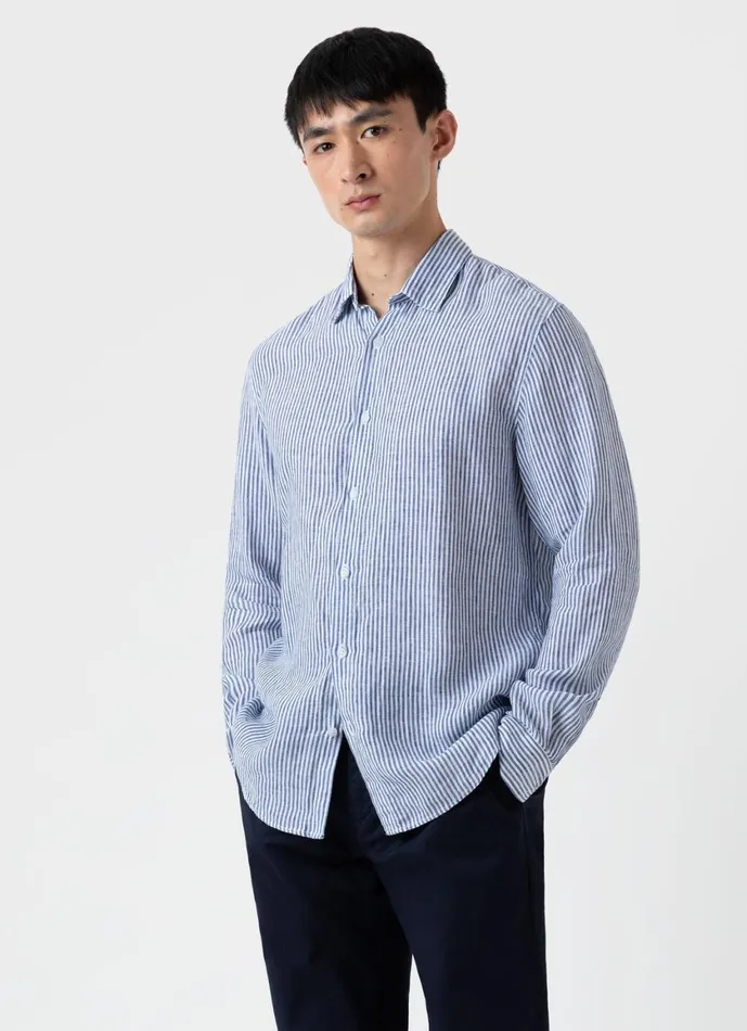 Linen Shirt Navywhite Linen Stripe Men SUNSPEL Shirts