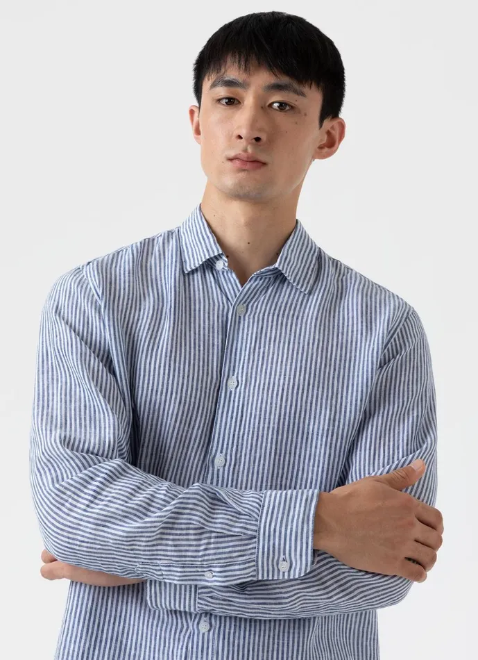 Linen Shirt Navywhite Linen Stripe Men SUNSPEL Shirts