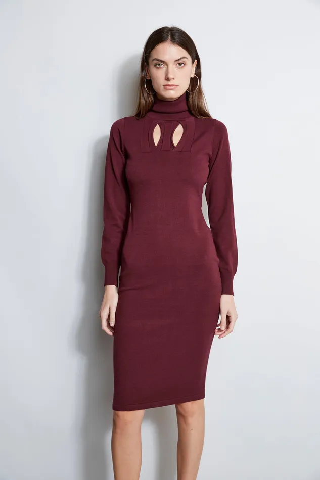 Long Sleeve Dresses Women Elie Tahari Geometric Keyhole Dress MERLOT