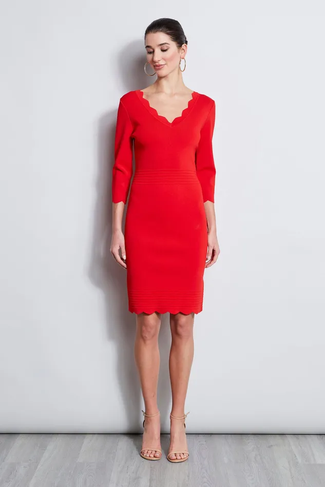 Long Sleeve Dresses Women Elie Tahari Scallop VNeck Dress CALYPSO RED
