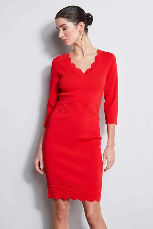 Long Sleeve Dresses Women Elie Tahari Scallop VNeck Dress CALYPSO RED