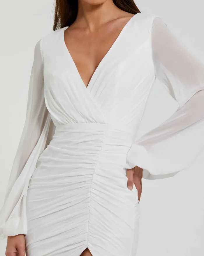 Mac Duggal Cocktail Dresses Women Long Blouson Sleeve Ruched Mini Dress White