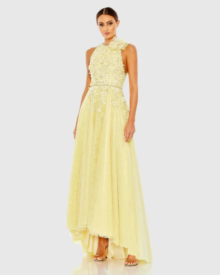 Mac Duggal Embellished High Neck Sleeveless A Line Gown Lemon Women Evening Gowns Mac Duggal Embellished High Neck Sleeveless A Line Gown Lemon Women Evening Gowns