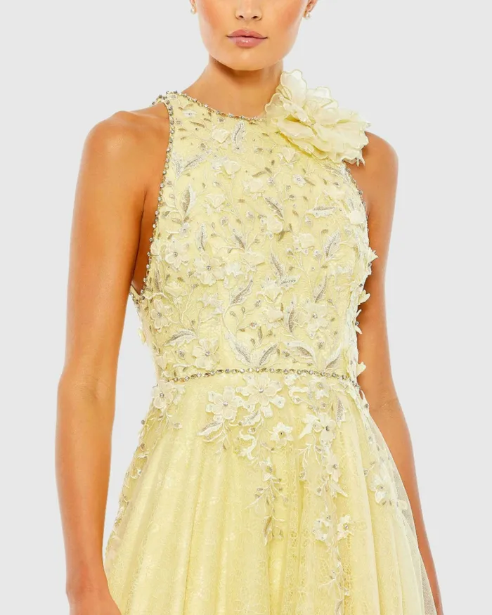Mac Duggal Embellished High Neck Sleeveless A Line Gown Lemon Women Evening Gowns