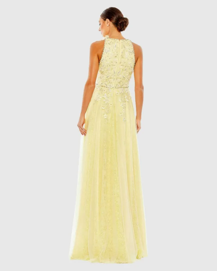 Mac Duggal Embellished High Neck Sleeveless A Line Gown Lemon Women Evening Gowns