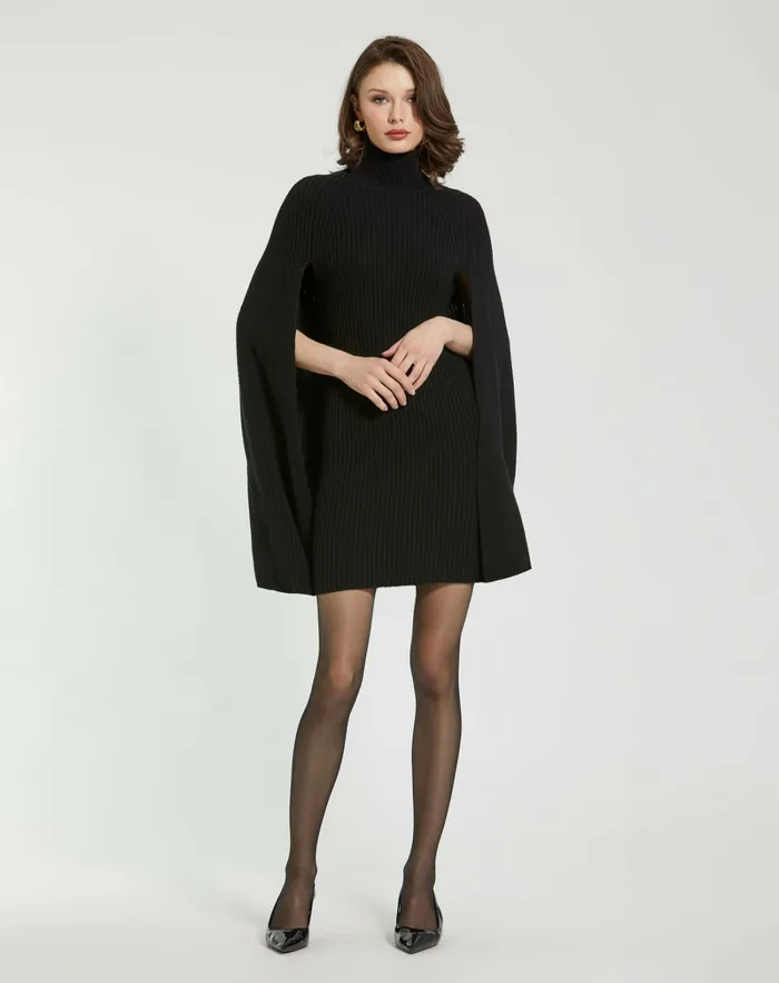 Mac Duggal Every Day Dresses Women Black Turtle Neck Knit Cape Mini Dress Black Mac Duggal Every Day Dresses Women Black Turtle Neck Knit Cape Mini Dress Black