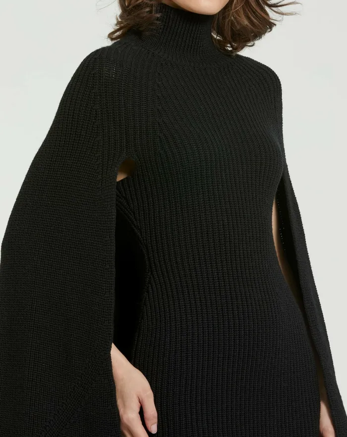 Mac Duggal Every Day Dresses Women Black Turtle Neck Knit Cape Mini Dress Black