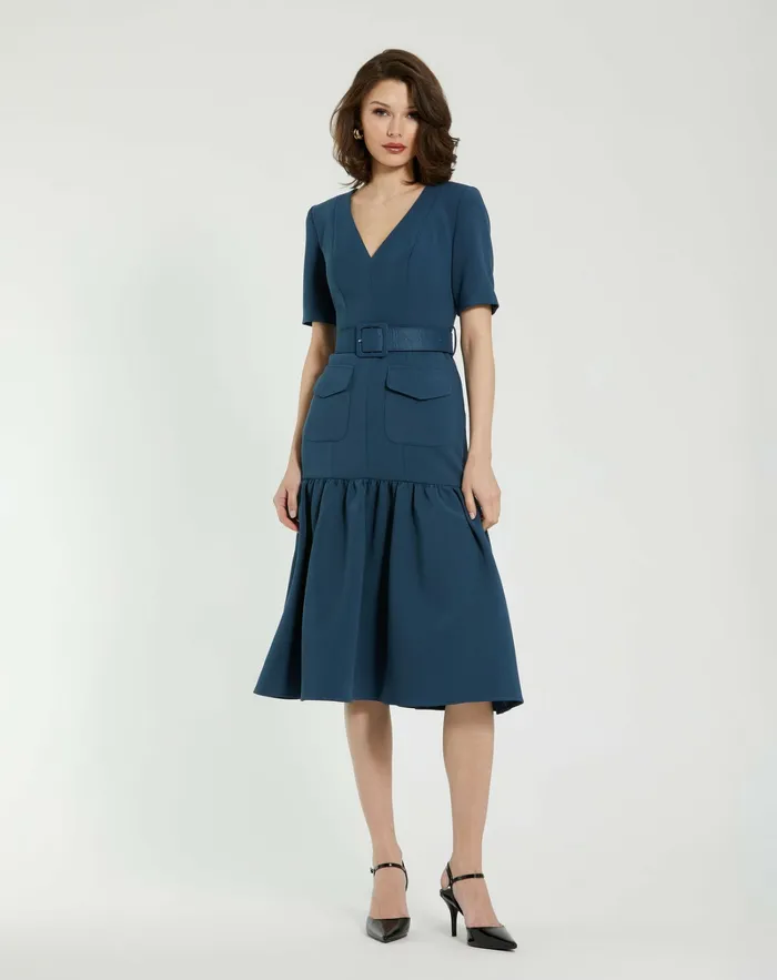 Mac Duggal Every Day Dresses Women Crepe 34 Sleeve Midi Dress With Belt And Pockets Deep Blue