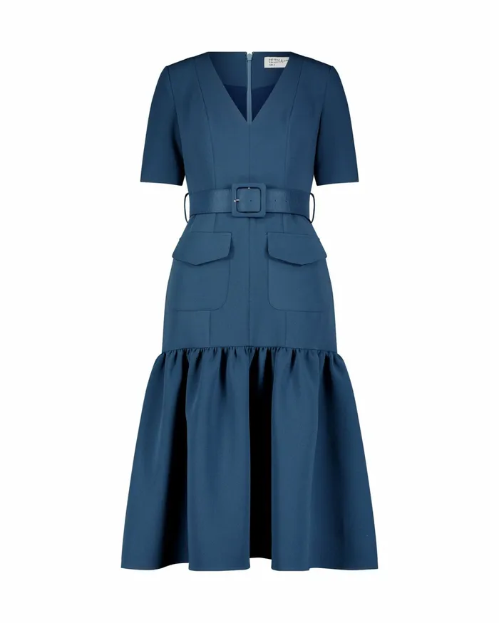 Mac Duggal Every Day Dresses Women Crepe 34 Sleeve Midi Dress With Belt And Pockets Deep Blue