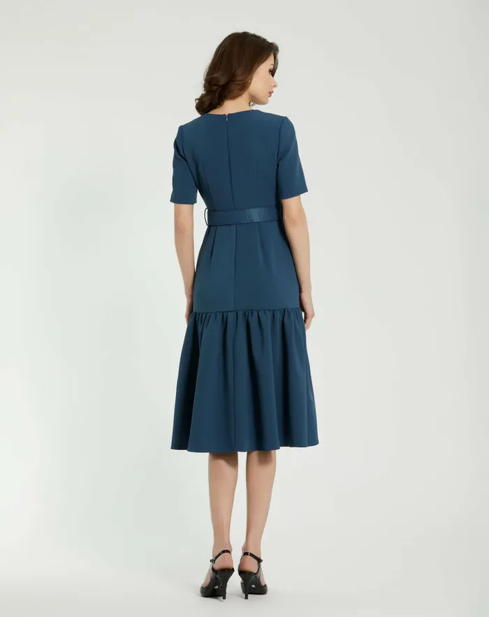Mac Duggal Every Day Dresses Women Crepe 34 Sleeve Midi Dress With Belt And Pockets Deep Blue