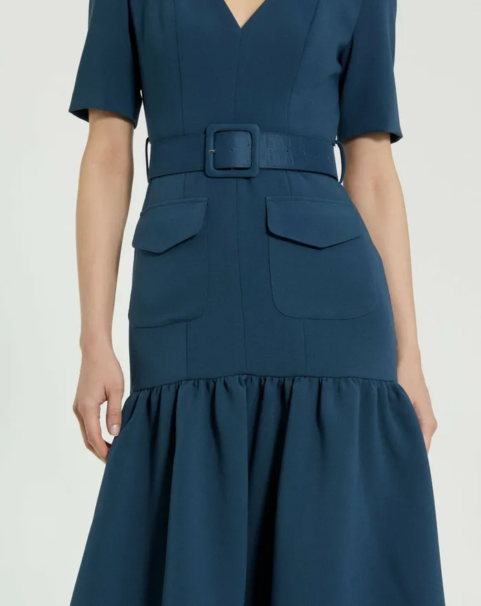 Mac Duggal Every Day Dresses Women Crepe 34 Sleeve Midi Dress With Belt And Pockets Deep Blue