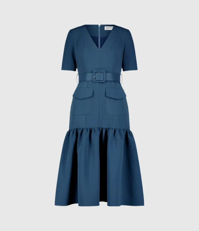 Mac Duggal Every Day Dresses Women Crepe 34 Sleeve Midi Dress With Belt And Pockets Deep Blue