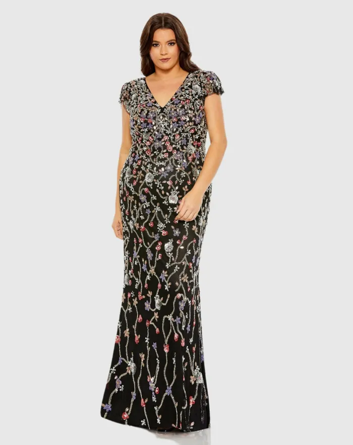 Mac Duggal Plus Size Dresses Women Embellished Flutter Cap Sleeve V Neck Gown Black Multi Mac Duggal Plus Size Dresses Women Embellished Flutter Cap Sleeve V Neck Gown Black Multi