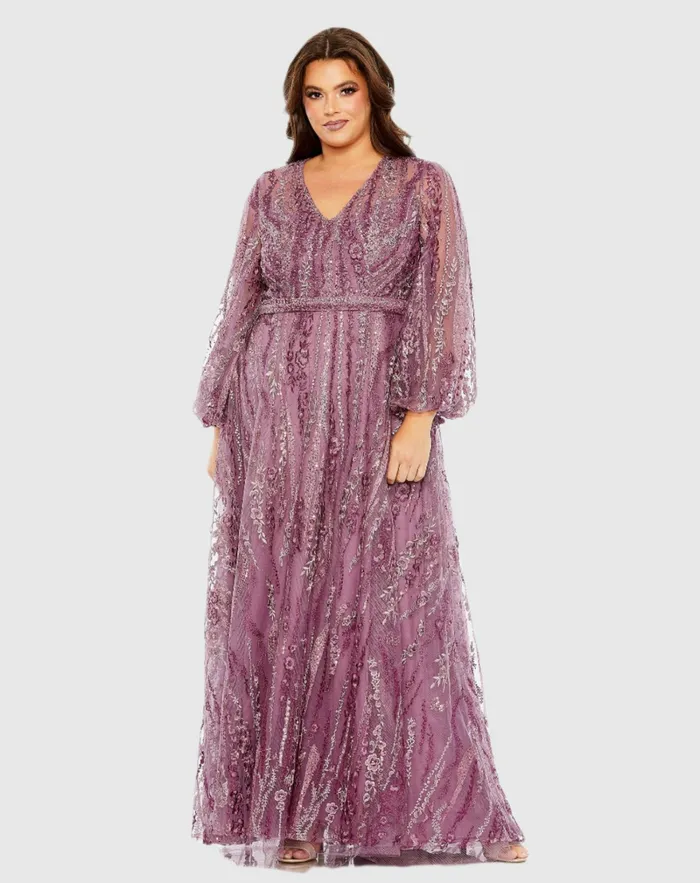 Mac Duggal Plus Size Dresses Women V Neck Puff Sleeve Embroidered A Line Gown Mauve Mac Duggal Plus Size Dresses Women V Neck Puff Sleeve Embroidered A Line Gown Mauve
