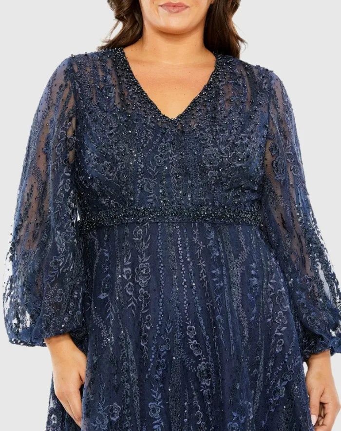 Mac Duggal Plus Size Dresses Women V Neck Puff Sleeve Embroidered A Line Gown Mauve