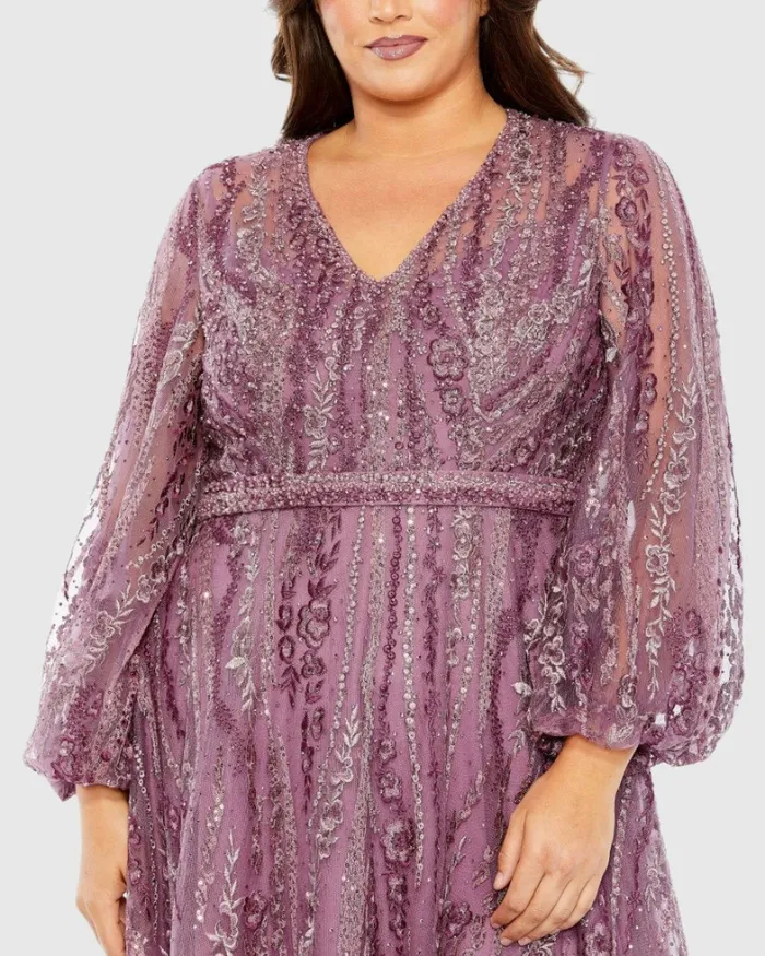 Mac Duggal Plus Size Dresses Women V Neck Puff Sleeve Embroidered A Line Gown Mauve