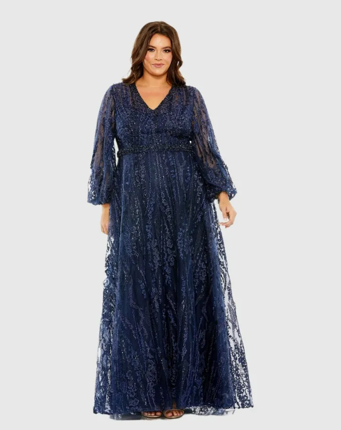 Mac Duggal Plus Size Dresses Women V Neck Puff Sleeve Embroidered A Line Gown Mauve