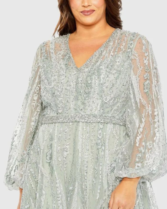 Mac Duggal Plus Size Dresses Women V Neck Puff Sleeve Embroidered A Line Gown Mauve