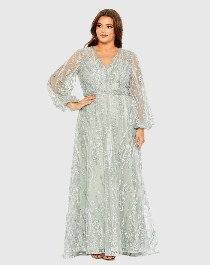 Mac Duggal Plus Size Dresses Women V Neck Puff Sleeve Embroidered A Line Gown Mauve