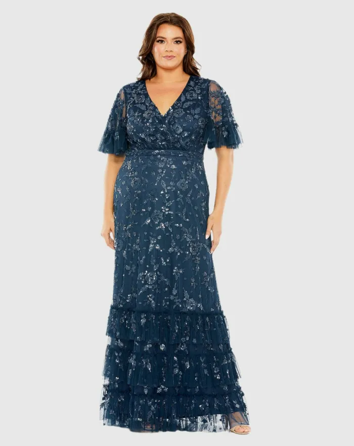 Mac Duggal Sequin Embellished Flutter Sleeve Faux Wrap VNeck Tiered Dress Twilight Women Plus Size Dresses Mac Duggal Sequin Embellished Flutter Sleeve Faux Wrap VNeck Tiered Dress Twilight Women Plus Size Dresses