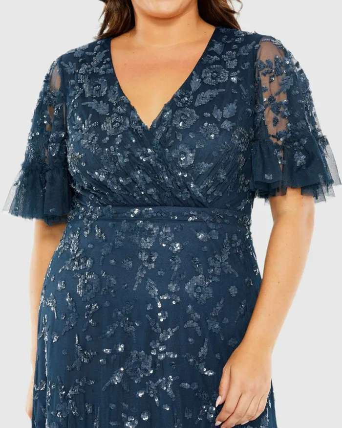 Mac Duggal Sequin Embellished Flutter Sleeve Faux Wrap VNeck Tiered Dress Twilight Women Plus Size Dresses