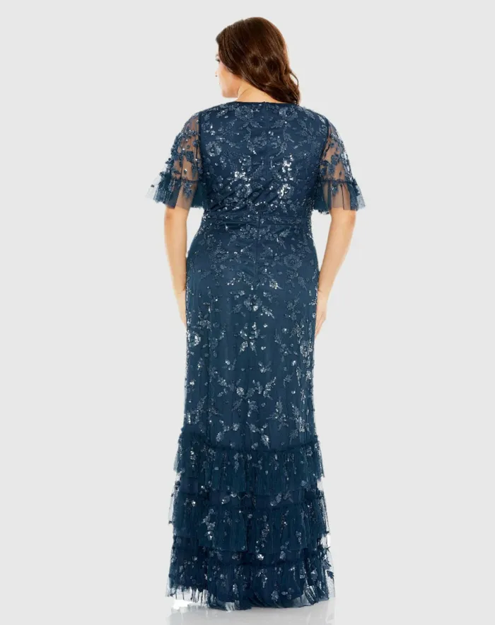 Mac Duggal Sequin Embellished Flutter Sleeve Faux Wrap VNeck Tiered Dress Twilight Women Plus Size Dresses