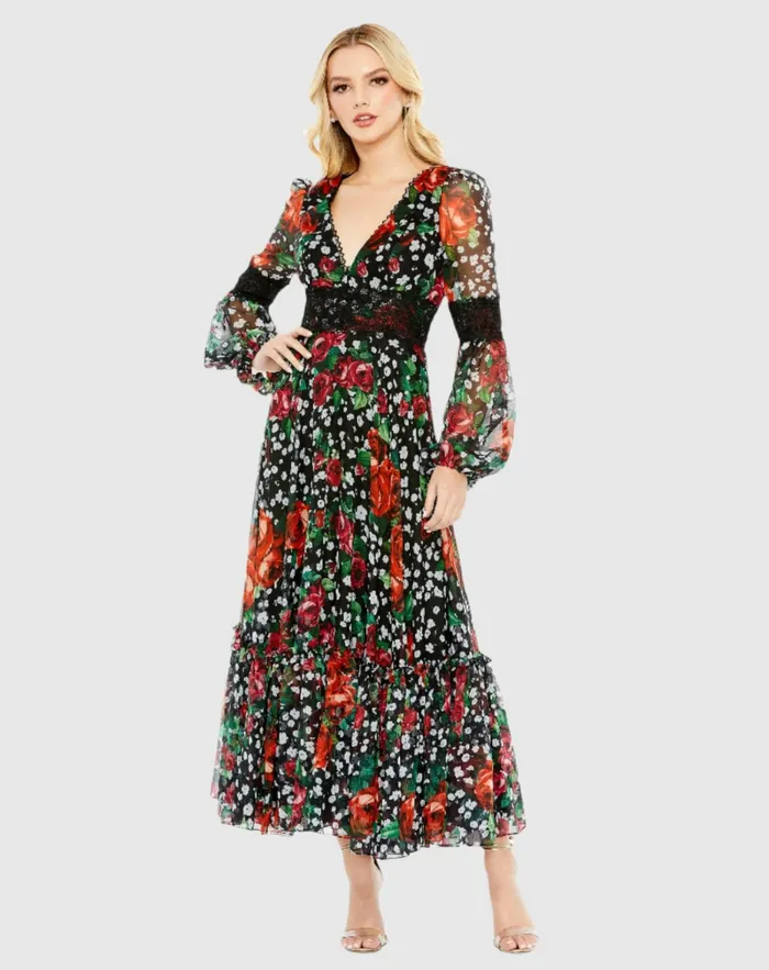 Mac Duggal Vneck Floral Long Puff Sleeve Ruffle Dress 8211 FINAL SALE Black Multi Women Daytime Dresses Mac Duggal Vneck Floral Long Puff Sleeve Ruffle Dress 8211 FINAL SALE Black Multi Women Daytime Dresses