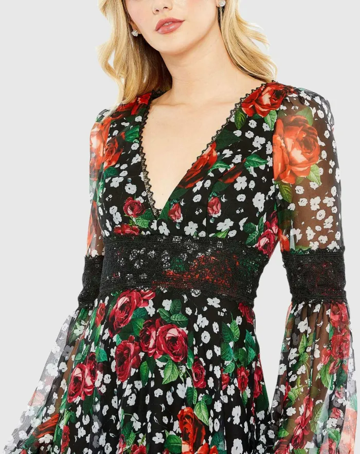 Mac Duggal Vneck Floral Long Puff Sleeve Ruffle Dress 8211 FINAL SALE Black Multi Women Daytime Dresses Mac Duggal Vneck Floral Long Puff Sleeve Ruffle Dress 8211 FINAL SALE Black Multi Women Daytime Dresses