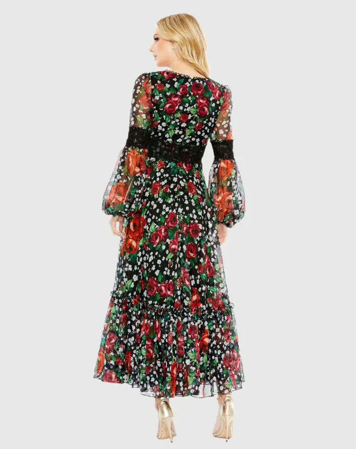 Mac Duggal Vneck Floral Long Puff Sleeve Ruffle Dress 8211 FINAL SALE Black Multi Women Daytime Dresses Mac Duggal Vneck Floral Long Puff Sleeve Ruffle Dress 8211 FINAL SALE Black Multi Women Daytime Dresses