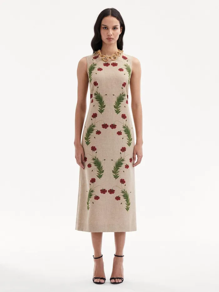 Marbled Carnation Canvas Pencil Dress Linen Red Women Oscar De La Renta Dresses Marbled Carnation Canvas Pencil Dress Linen Red Women Oscar De La Renta Dresses